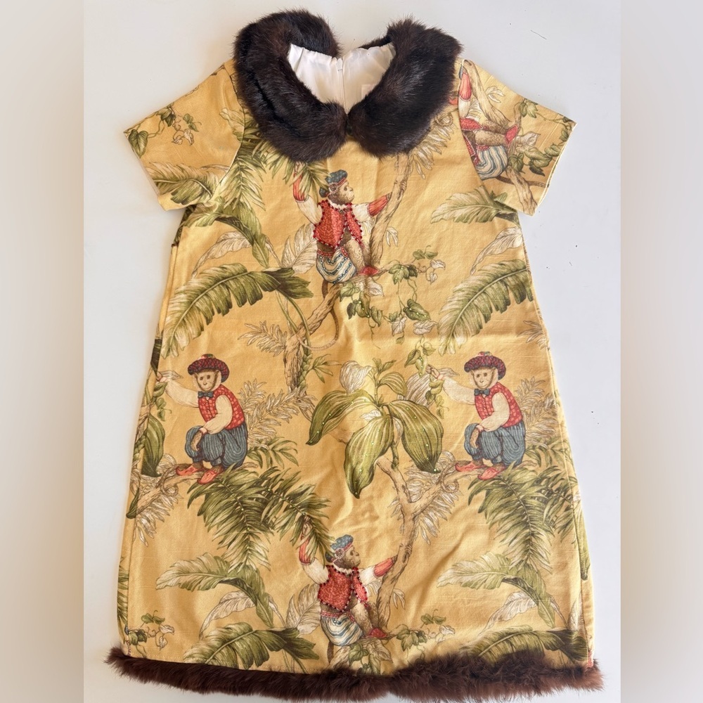 Vintage Trish Scully Monkey Palm Tree Faux Fur Collar Rhinestone Dress Girls 8